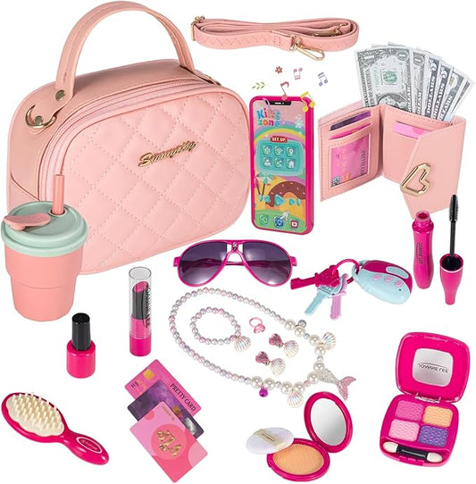 Play Purse for Little Girls, Toddler Purse with Accessories and Pretend Play Makeup Kit, My First Purse Set Includes Pink Handbag, Wallet, Toy Phone, Kids Toy, Christmas Birthday Gift Set for Age 3+