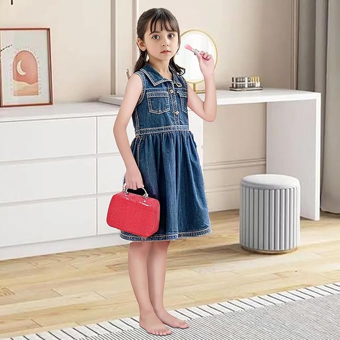 Pretend Makeup Kit for Girls Kids Pretend Play Makeup Set with Exquisite Leather Bag and Gift Box for Birthday Christmas Age 3+ (Not Real Makeup) (21pcs Rose Pink kit)