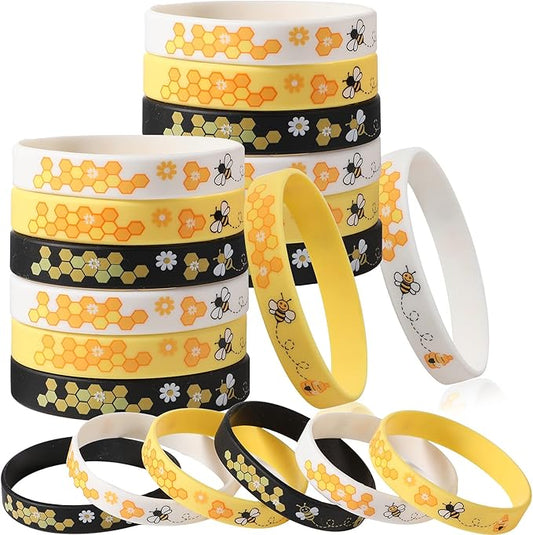Bee Bracelet Silicone Bee Wristband Assorted Color Bee Theme Party Favors Bee Teachers Decorations Classroom Decorations Bees Wristband for Boy Girl Bee Birthday Baby Shower Party Supplies (24 Pieces)