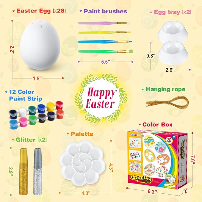 Easter White Eggs Painting Kit-Paintable Hanging Flocking Eggs with Rope, Doodle Kit for DIY Design, Easter Decoration, egg Hunts, Basket Fillers, Easter Gift,28PCS