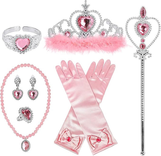 Princess Dress Up Accessories Princess Gloves, BIBUTY 7pcs Dress Up Set for Toddler Girls with Princess Crown, Wand, Gloves, Necklace, Earrings, Bracelet and Ring, Costume Toys for 3-6 yr Little Girls