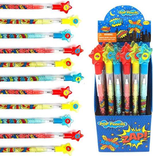 Tiny Mills 24 Pcs Superhero Text Multi Point Stackable Pencil with Eraser for Superhero Birthday Party Favor Prize Carnival Goodie Bag Stuffers Classroom Rewards