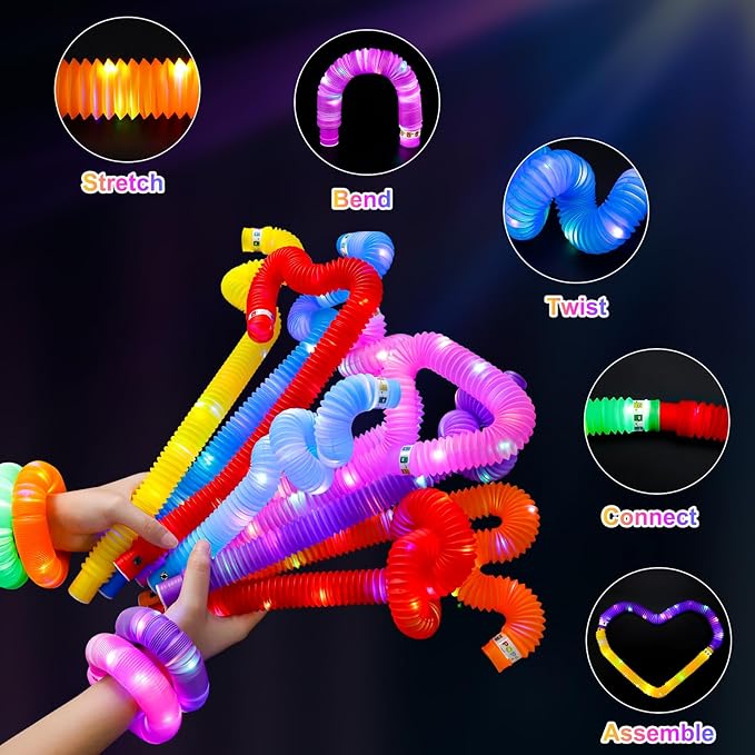 24 PCS Light Up Pop Tubes for Kids, 12 Colors Glow Sticks Bulk Party Pack, Glow Necklaces Bracelets for Toddlers, Party Supplies Party Favors,Valentine's Day Birthday Wedding Decorations