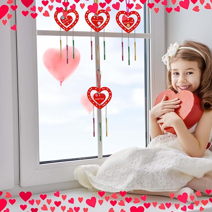 Fennoral 27 Pack Heart Wind Chime Kit for Kids Make You Own Red Heart Wind Chimes Valentine's Day Wooden Ornaments for Kids Art and Craft Valentine's Day Gifts Party Decoration