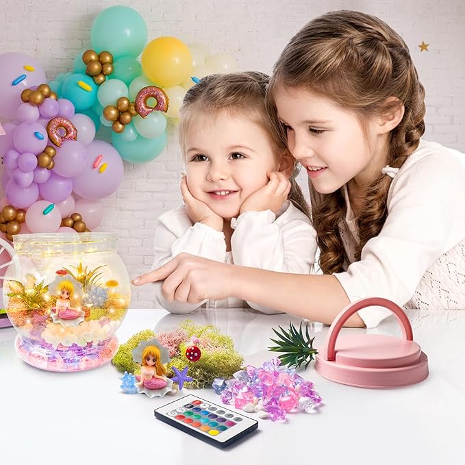 Mermaid Terrarium Kit for Kids, Birthday Gift for Girls, DIY Arts & Crafts Gift Light Up Mermaid Gifts for Girls, Mermaid Toys Presents for Girls Age 4 5 6 7 8-12 Year Old
