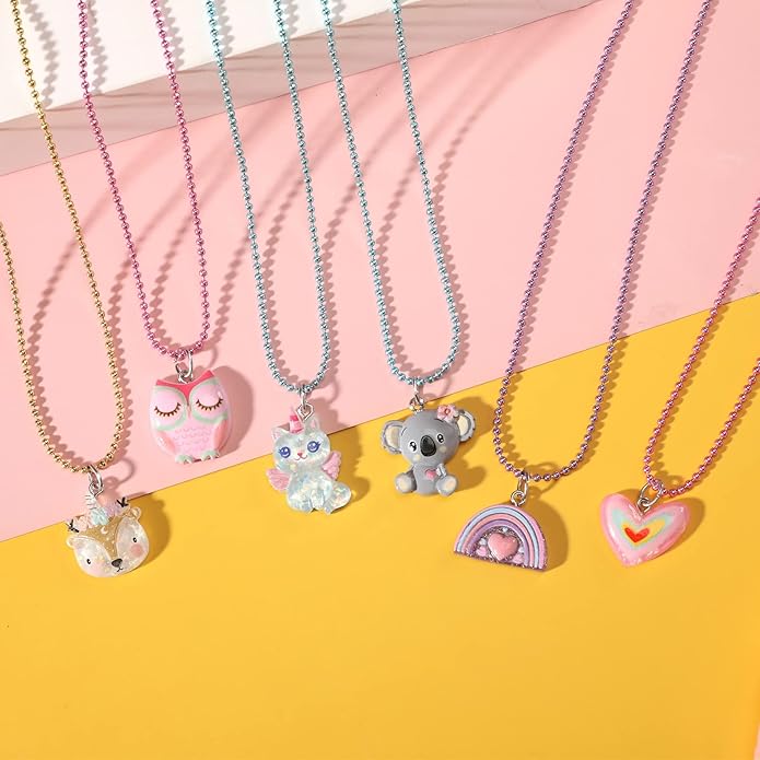 PinkSheep Clip On Earrings and Necklace for Little Girls, 6 Sets, Unicorn Earrings and Necklace, Party Favors Bag multicolored