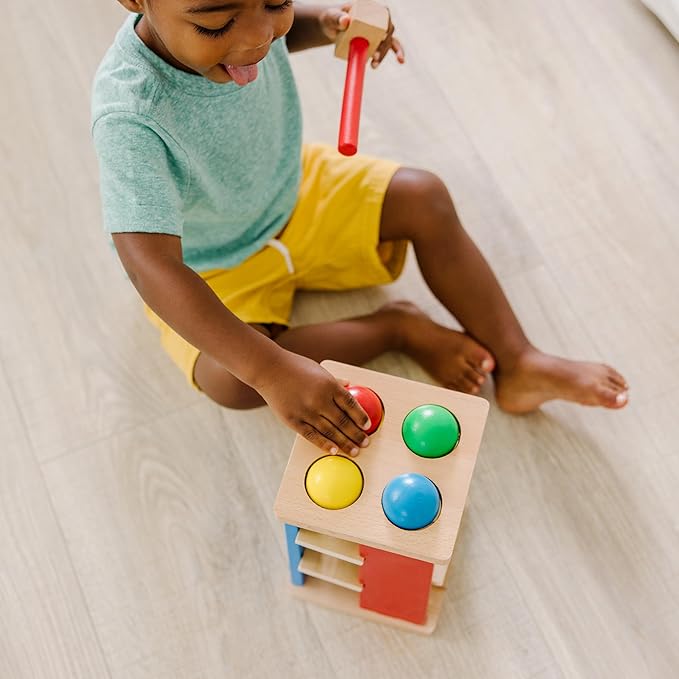 Melissa & Doug Deluxe Pound and Roll Wooden Tower Toy With Hammer - Pound A Ball, Educational Toddler Toys, Wooden Pounding Bench For Ages 2+
