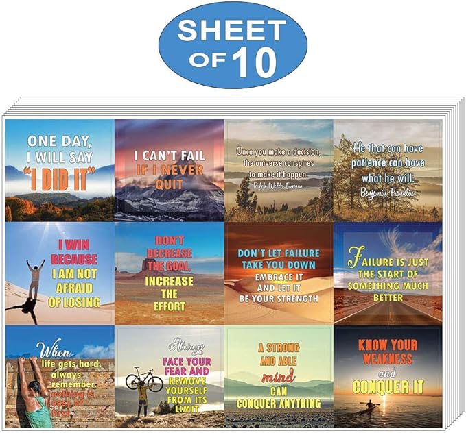 Creanoso Strong Determination Life Quotes Stickers (10-Sheet) – Total 120 pcs (10 X 12pcs) Individual Small Size 2.1 x 2. Inches, DIY Decoration Art Decal for Boys & Girls, Adults, Teens