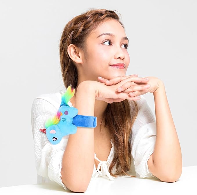 LUOZZY 4Pcs Animal Slap Bracelet Stuffed Unicorn Slap Bracelets Plush Animal Huggers Kids Slap Band Toys Party Favors - Blue+Pink+White+Purple