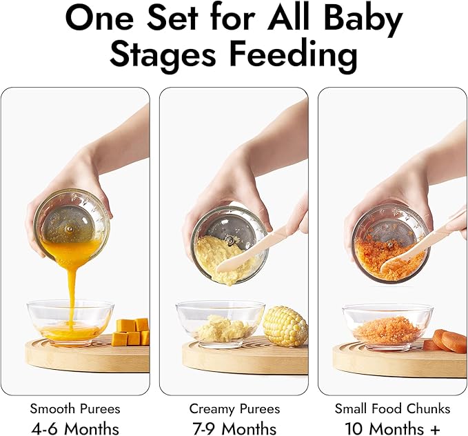 NCVI Puree Baby Food Processor Glass Set, Mini Infant Food Maker Blender Machine with 8 Blades and Grinding Disc, Small Blender for Baby Food Including Food Containers, Silicone Tray and Tableware