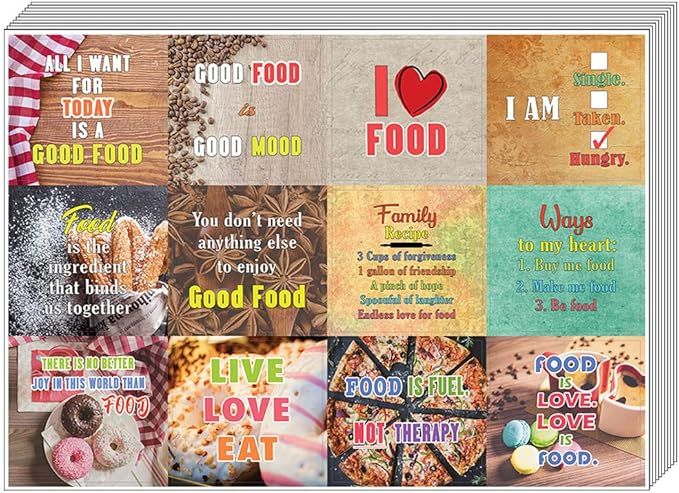 Creanoso Inspiring Food Lovers Stickers (10-Sheet) – Total 120 pcs (10 X 12pcs) Waterproof, Unique Personalized Themes Designs, DIY Decoration Art Decal for Men Women Adults, Boys & Girls, Teens