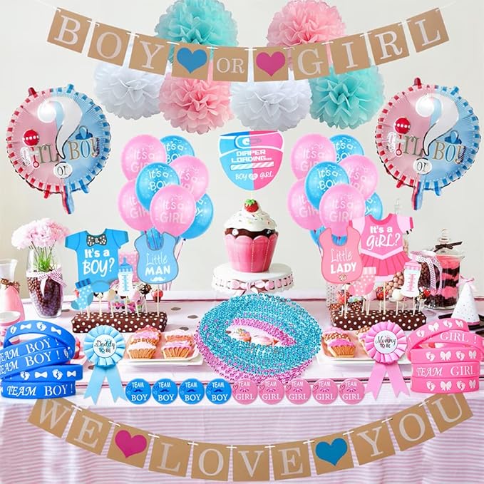 Winrayk Baby Gender Reveal Party Favors Supplies Boy or Girl Gender Reveal Ideas Badge Pin Button Pin Silicone Bracelet Photo Prop Necklace 104Pcs Baby Shower Favors Pink Blue Gender Reveal Decor Game