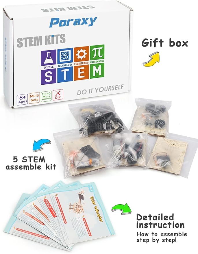Poraxy 5 Set STEM Kits for Kids Ages 8-10, Model Car Kits, Wooden 3D Puzzles, Educational Science Experiment Kits, Building Toys for Ages 8-13, Gifts for Boys and Girls 7 8 9 10 11 12 13 Year Old
