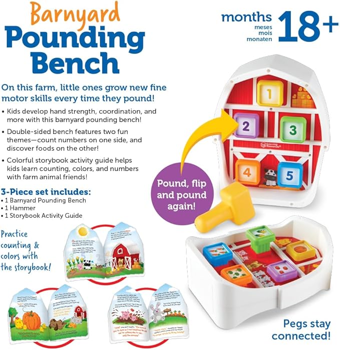 Learning Resources Barnyard Pounding Bench, 3 Pieces, Ages 18 Months+, Preschool Learning Activities, Toddler Toys, Montessori Toys