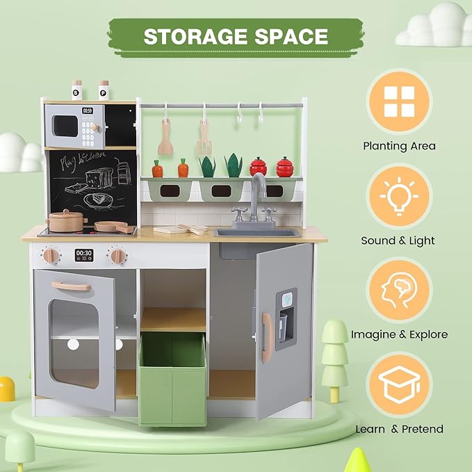 Play Kitchen for Kids, Wooden Play Kitchen with Toy Storage System, Kids Play Kitchen with Cookware Accessories, Kids Play Kitchen Designed, Gift for Ages 3+