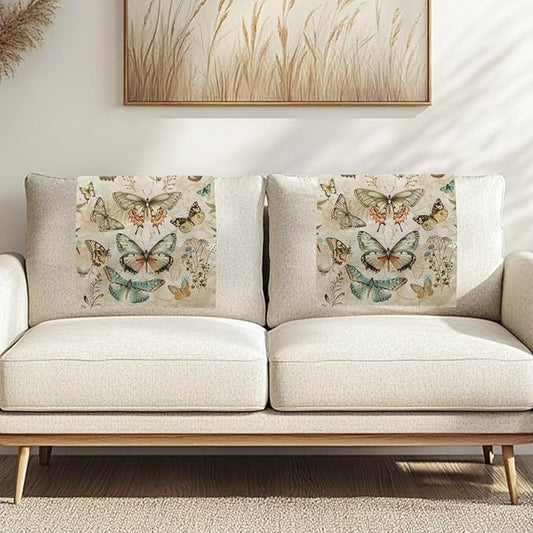 Retro Butterfly Recliner Headrest Cover Fabric Sofa Headrest Slipcovers Pet Scratch Resistant Couch Headrest Covers Furniture Protector for Home Couch Loveseats Decoration Set of 2