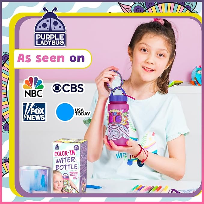 PURPLE LADYBUG Decorate Your Own Water Bottle for Girls Craft Set - Gifts for 6 Year Old Girl, 10 9 8 7 Year Old Girl Gifts, Fun Coloring Crafts for Girls Ages 6-8, School Water Bottles for Kids
