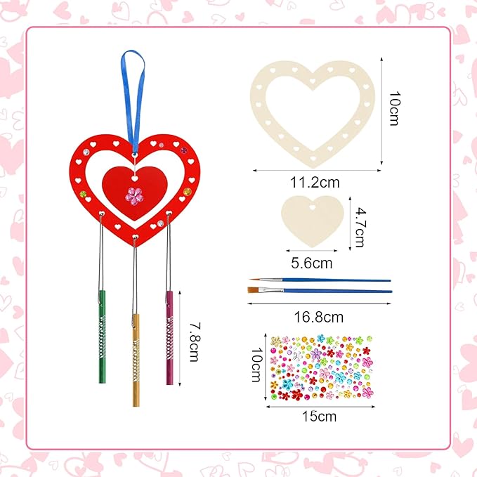 Fennoral 27 Pack Heart Wind Chime Kit for Kids Make You Own Red Heart Wind Chimes Valentine's Day Wooden Ornaments for Kids Art and Craft Valentine's Day Gifts Party Decoration