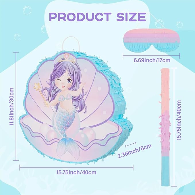 PATIO CHOICE 73 PCS Mermaid Piñata Set Include Mermaid Piñata Stick and Blindfold Necklace Bracelet Rings Stickers for Kids Girls, as Birthday Party Carnivals Festivals Decorations