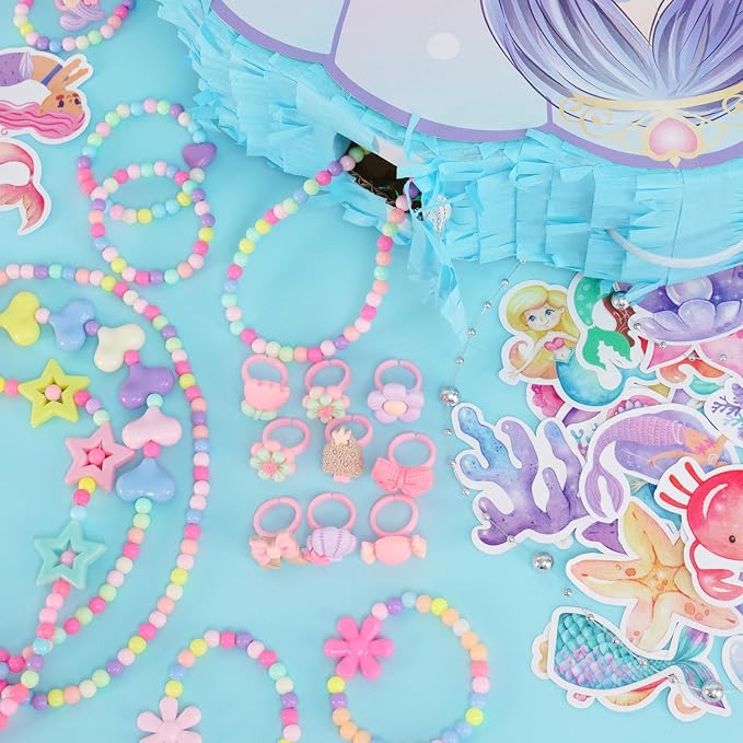 PATIO CHOICE 73 PCS Mermaid Piñata Set Include Mermaid Piñata Stick and Blindfold Necklace Bracelet Rings Stickers for Kids Girls, as Birthday Party Carnivals Festivals Decorations