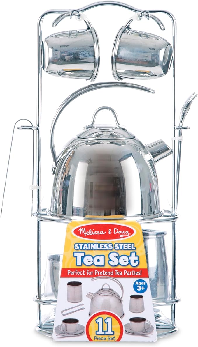 Melissa & Doug Stainless Steel Pretend Play Tea Set and Storage Rack for Kids (11 pcs)
