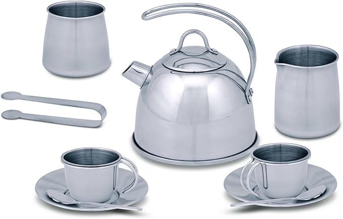 Melissa & Doug Stainless Steel Pretend Play Tea Set and Storage Rack for Kids (11 pcs)
