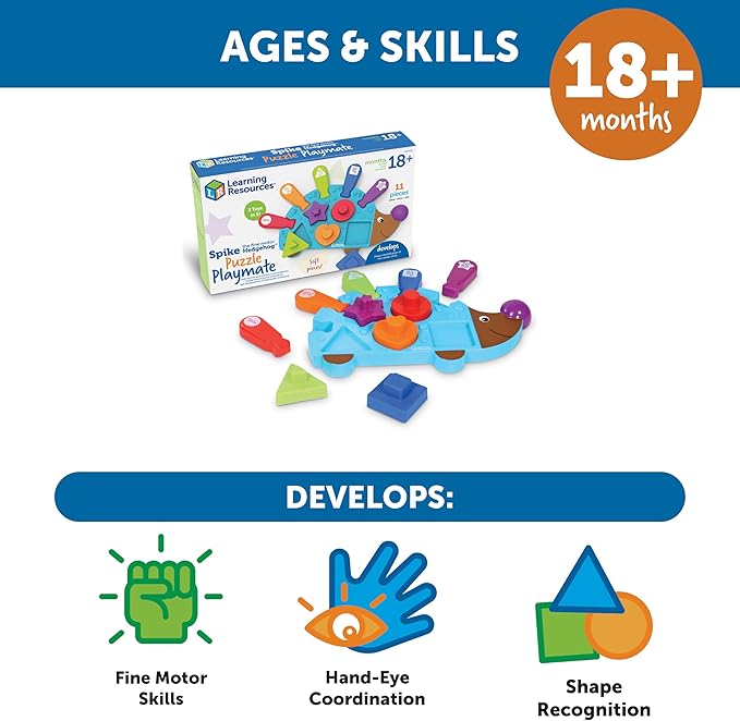 Learning Resources Spike the Fine Motor Hedgehog Puzzle Playmate - 11 Pieces,Ages 18+ months Fine Motor Game, Color and Shape Recognition Toddler Montessori Toys
