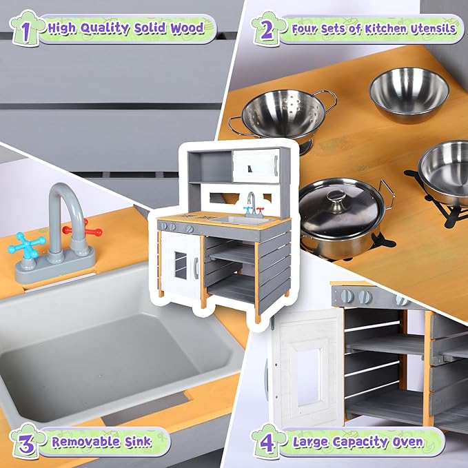 Outdoor Mud Kitchen Playset,Wooden Pretend Play Kitchen w/Water Box & Faucet,Kitchenware, Stove,Play Sink,Storage Shelves,Backyard Garden Worktop Toy Toddler Kitchen for Boys and Girls Ages 3-8
