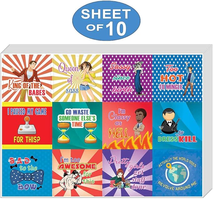 Creanoso Cheeky and Funny Stickers Series 1 (10-Sheet) – Total 120 pcs (10 X 12pcs) Individual Small Size 2.1 x 2. Inches, DIY Decoration Art Decal for Boys & Girls, Children, Teens
