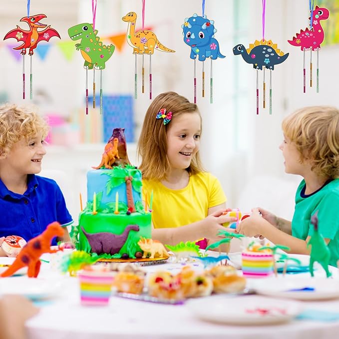 Fennoral 10 Pack Dinosaur Wind Chime Kit for Kids Make Your Own Dinosaur Wind Chime Wooden Arts and Crafts for Girls Boys DIY Coloring Art Activity for Dinosuar Themed Birthday Party Decoration