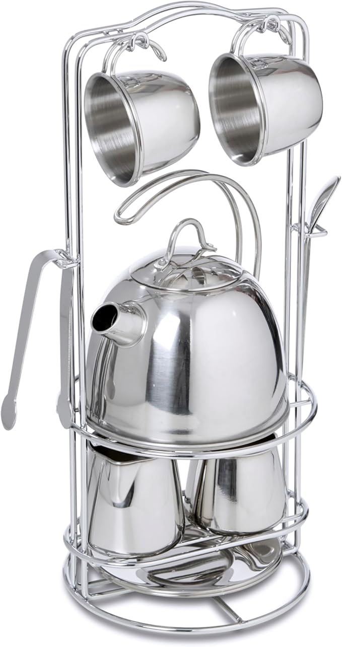 Melissa & Doug Stainless Steel Pretend Play Tea Set and Storage Rack for Kids (11 pcs)