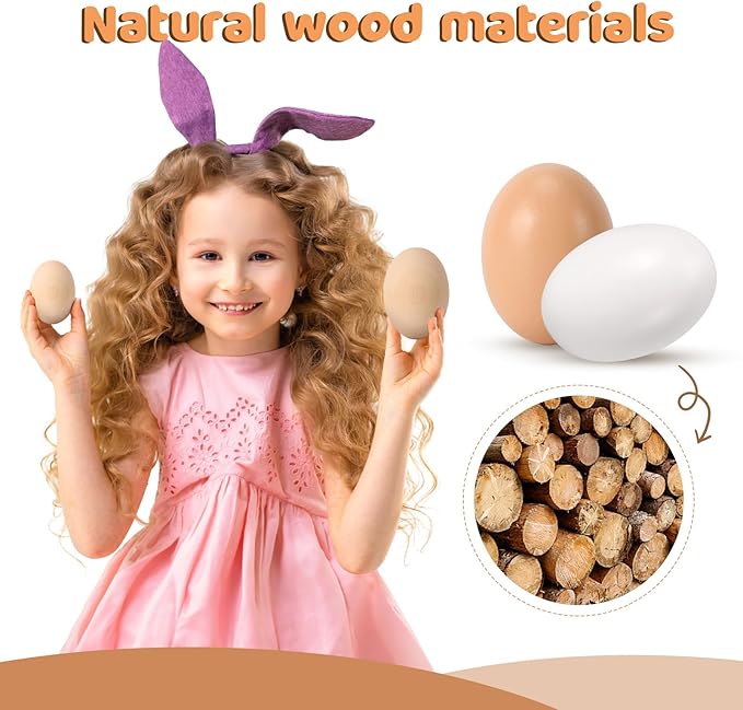 Large Wooden Eggs,3.1x2.3 inches 8 Count Unpainted Wooden Eggs in Carton for Painting, Crafts, and Dyeing, Food Toys for Kitchen Play and Room Decor
