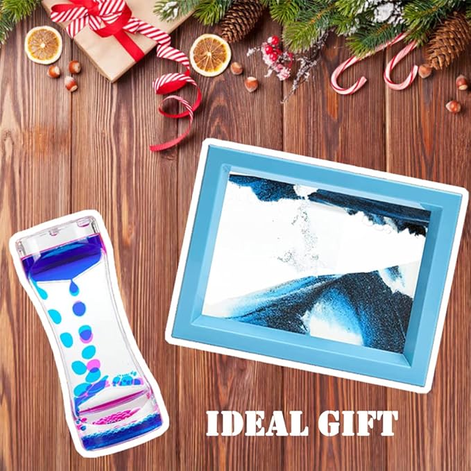 Oneshow Moving Sand Art Picture and Liquid Motion Bubbler for Sensory Play Calm Stress Relief Fidget Activity for Children Kid Adult Home Office Desk Decor Birthday, Blue