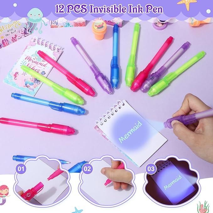 Mermaid Party Favors Birthday Supplies Invisible Ink Pen Spiral Notepad Stamper Slap Bracelet Scratch Paper Tattoo Sticker Goodie Bag Stuffer Kid Girl Little Mermaid Birthday Party Supplies Decor