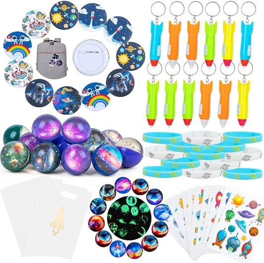Outer Space Party Favors Supplies,Space Jam party favors, Tattoo Sticker Bouncy Ball Bracelet Space Badge Luminous Ball Helicopter Flashlights Keychain Gift Bag Kids Birthday Party Gift