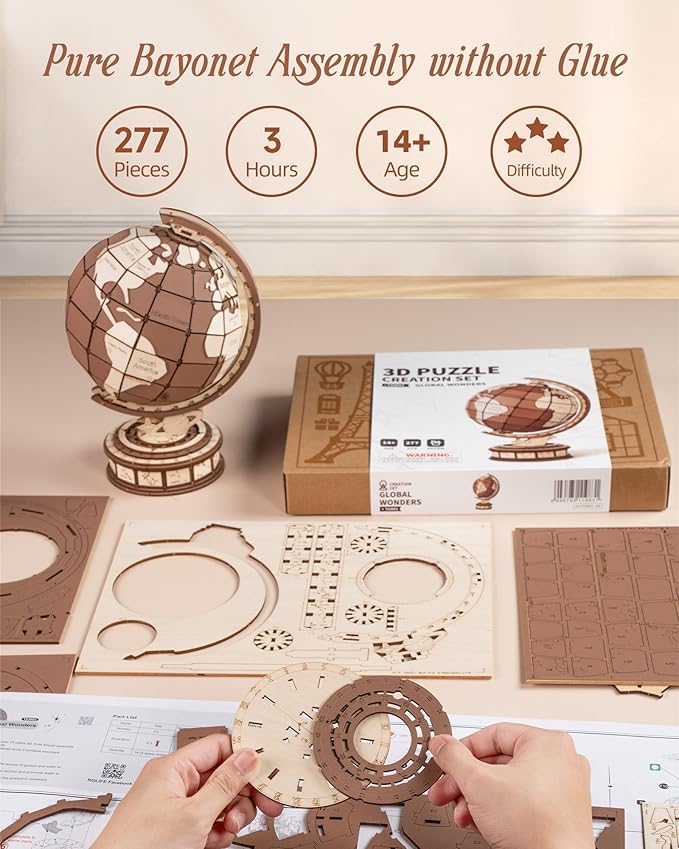 3D Puzzles Globe for Adults-Global Wonders, 3D Wooden Puzzles Model Building Creation Set for Adults, Home Decor/Creative Gifts/DIY Crafts for Teens (277PCS)