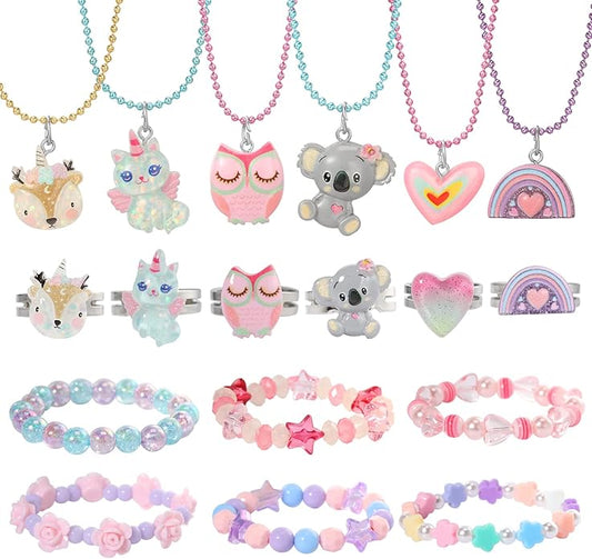 PinkSheep Clip On Earrings and Necklace for Little Girls, 6 Sets, Unicorn Earrings and Necklace, Party Favors Bag multicolored