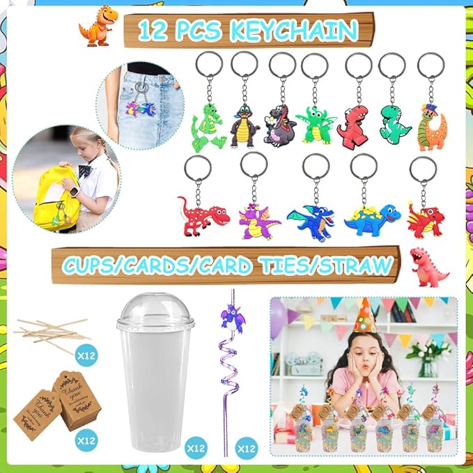 Dinosaur Party Favors, 172 pcs Birthday Party Supplies contains Cups, Straws, Bracelets, Keychains, Stickers, Small Models, Tatoo Stickers, DIY Stickers, Thanks Tags for Animal Themed Birthday Decors