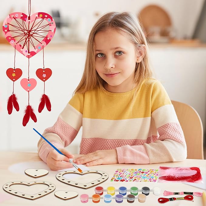 Fennoral 18 Pack Heart Dream Catcher Craft Kit for Kids Paint You Own Love Heart Dream Catcher DIY Coloring Mother's Day Wooden Art and Craft for Art Activity Project Valentine's Day Decoration