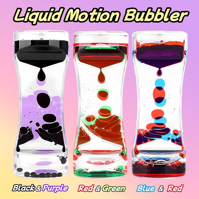Oneshow Liquid Motion Bubbler Timer Oil Hourglass Water Timers Relaxing Desk Decor Stress Relief Toys for Adults Gifts 3 Pack-Black&Purple,Red&Green,Blue&Red