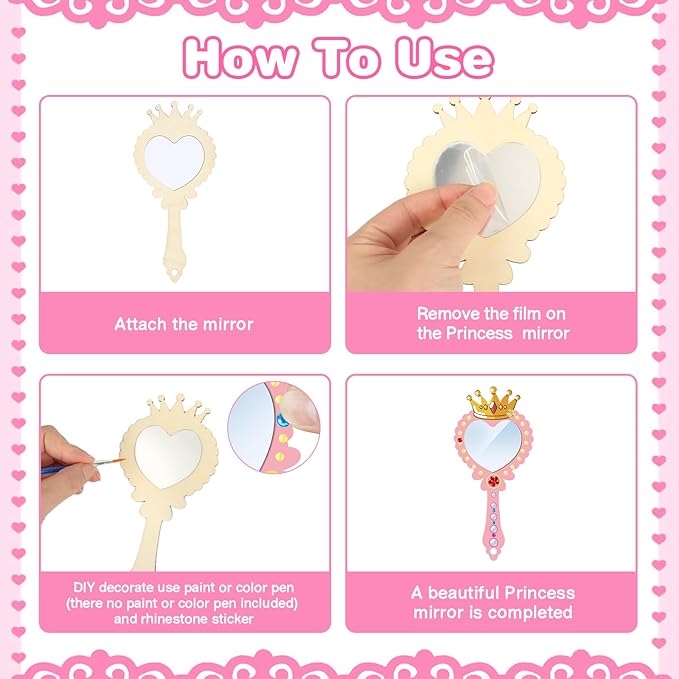 Fennoral 12 Pack Wooden Mirror Craft for Kids Decorate You Own Princess Mirrors for Girls DIY Paint Wooden Hand Mirror for Art Activities Birthday Gift Valentine's DayParty Supplies