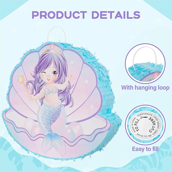 PATIO CHOICE 73 PCS Mermaid Piñata Set Include Mermaid Piñata Stick and Blindfold Necklace Bracelet Rings Stickers for Kids Girls, as Birthday Party Carnivals Festivals Decorations
