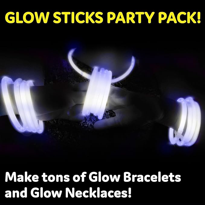 PartySticks White Glow Sticks Party Supplies 100pk - 8 Inch Glow in The Dark Light Up Sticks Party Favors, Glow Party Decorations, Neon Party Glow Necklaces and Glow Bracelets with Connectors