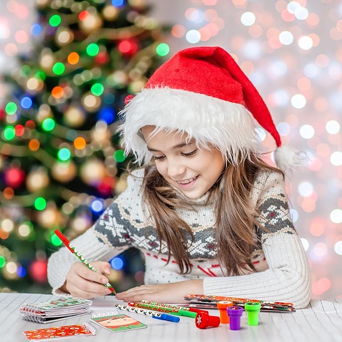 Pasimy 194 Pcs Christmas School Stationery Set Xmas Goody Bag Filler with Key Chain Slap Bracelet Pen Stationery Stocking Christmas Party Favors Assortment for Classroom Gift Prizes Reward Supplies