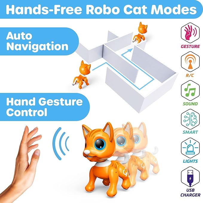 Power Your Fun Robo Pets Cat for Girls and Boys - Remote Control Robot Toy Interactive Hand Motion Gestures, Robot Toys Smart STEM Toy Programmable Treats Walking Dancing Robot Pet for Kids Robot Cat