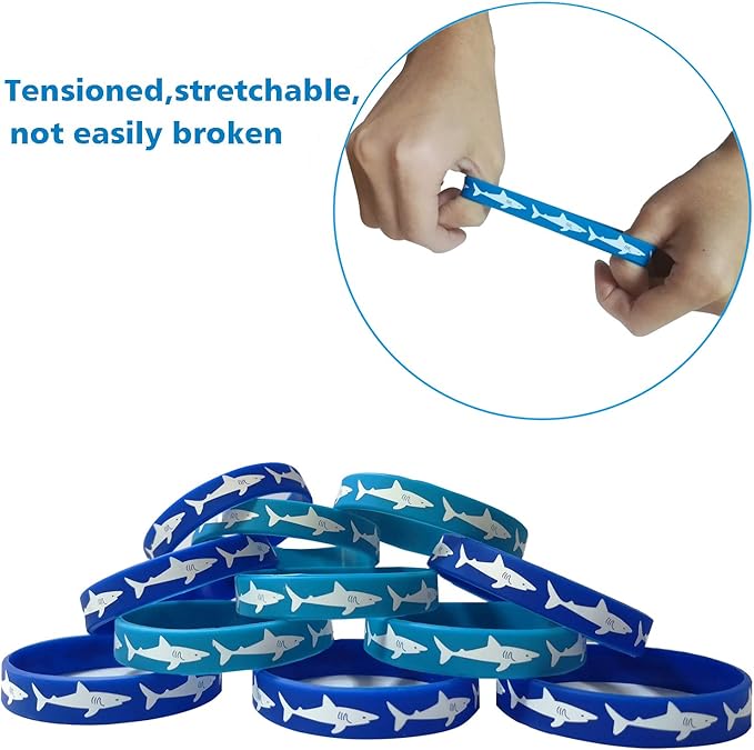 CupaPlay 48 PCS Shark Party Favors Rubber Bracelets - Under the Sea Shark Birthday Party Supplies Goodie Bag Stuffers Fillers Slicone Wristbands