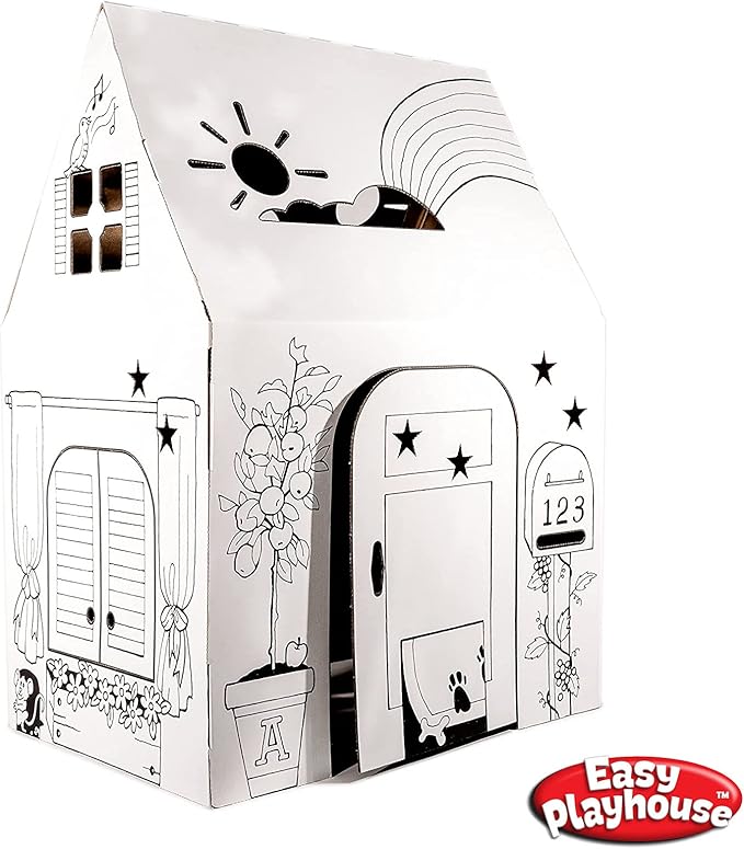 Easy Playhouse Clubhouse - Kids Art and Craft for Indoor and Outdoor Fun, Color, Draw, Doodle on this Blank Canvas – Decorate and Personalize a Cardboard Fort, 34" X 27" X 48" - Made in USA, Age 3+