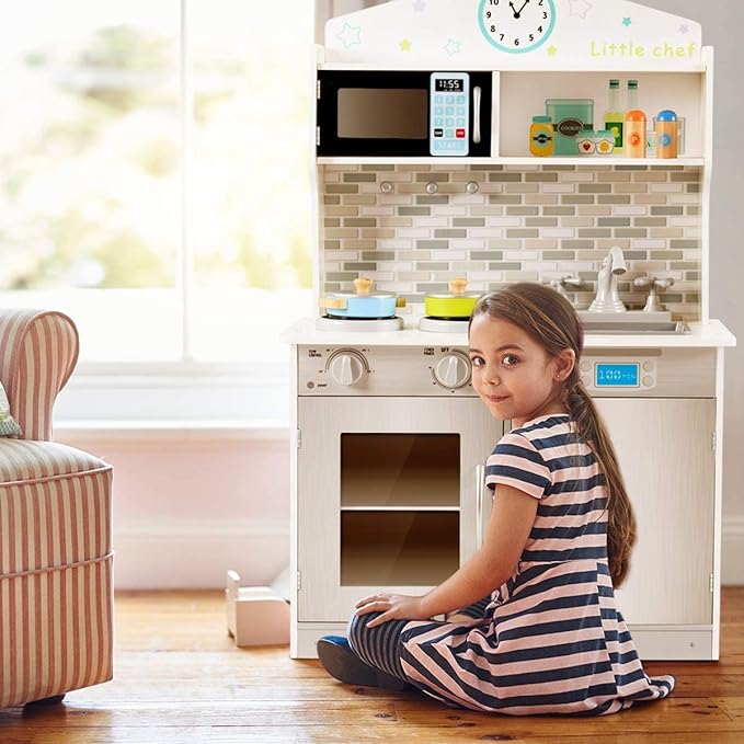 OLAKIDS Kids Kitchen Playset, Wooden Play Kitchen for Toddlers with Real Sounds, Stove Microwave Oven Sink Faucet, Large Storage Cabinet, Pretend Play Toys Cooking Gift for Boys Girls (Silver)