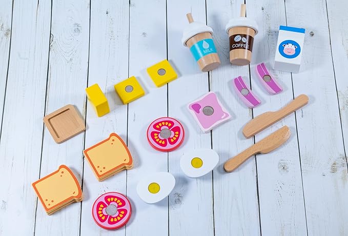 PLAZA BROTHER'S Wooden Play Food Set Eco Friendly, Realistic Picnic Toy with Shopping Bag. Encourages Creativity and Role Play Perfect for Kids Ages 3 Up