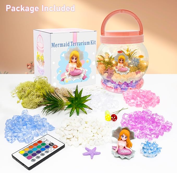 Mermaid Terrarium Kit for Kids, Birthday Gift for Girls, DIY Arts & Crafts Gift Light Up Mermaid Gifts for Girls, Mermaid Toys Presents for Girls Age 4 5 6 7 8-12 Year Old